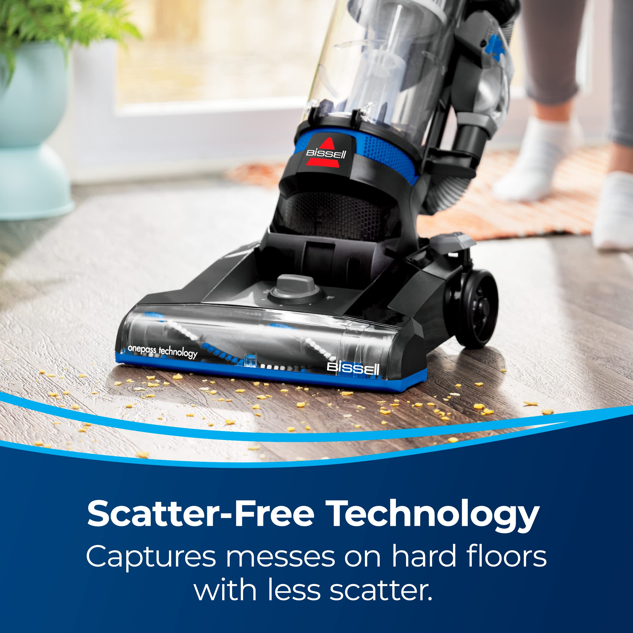 Bissell CleanView Scatter-Free Technology minimizes scatter on hard floors for fast cleanup.