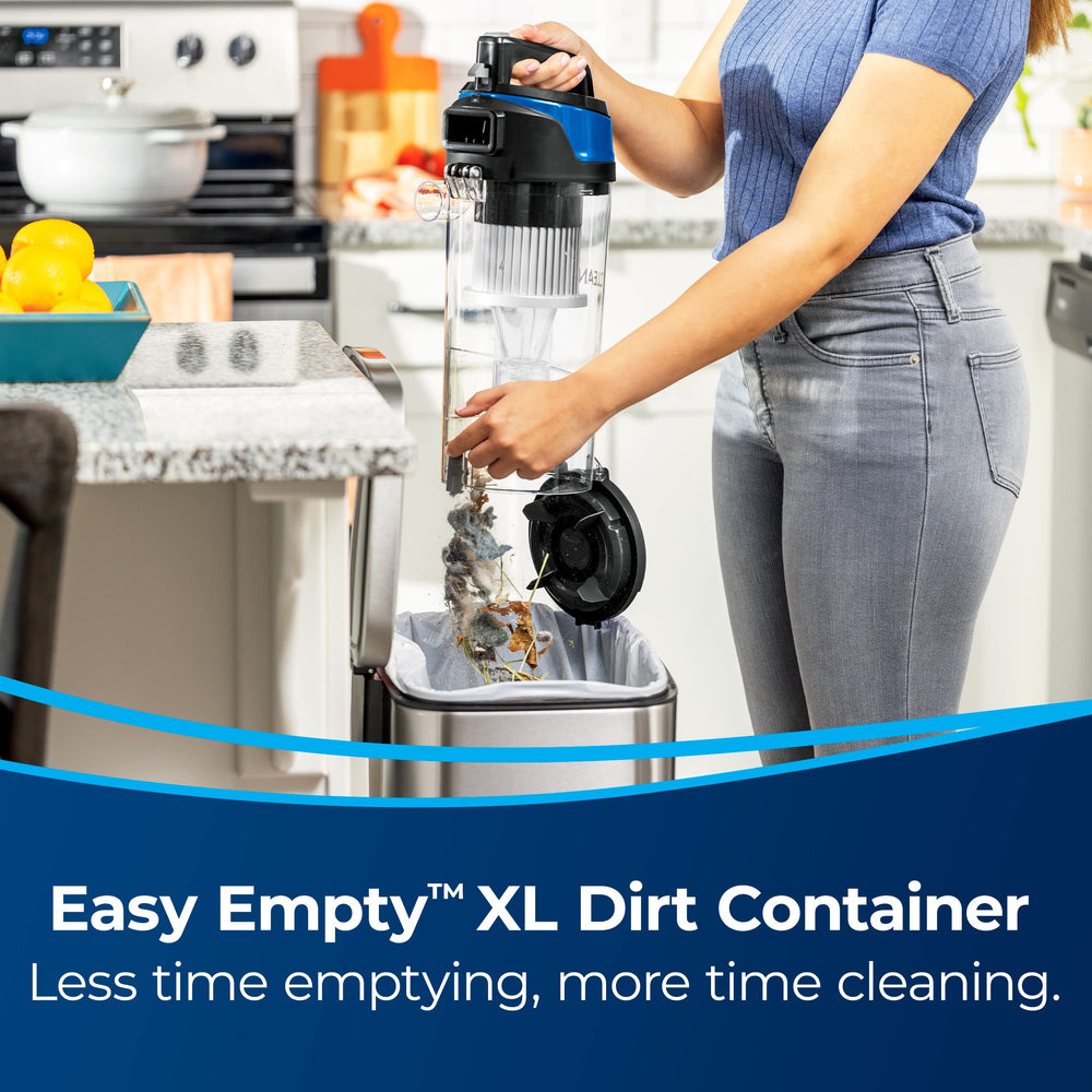 Bissell CleanView XL dirt container holds more debris between dumps.