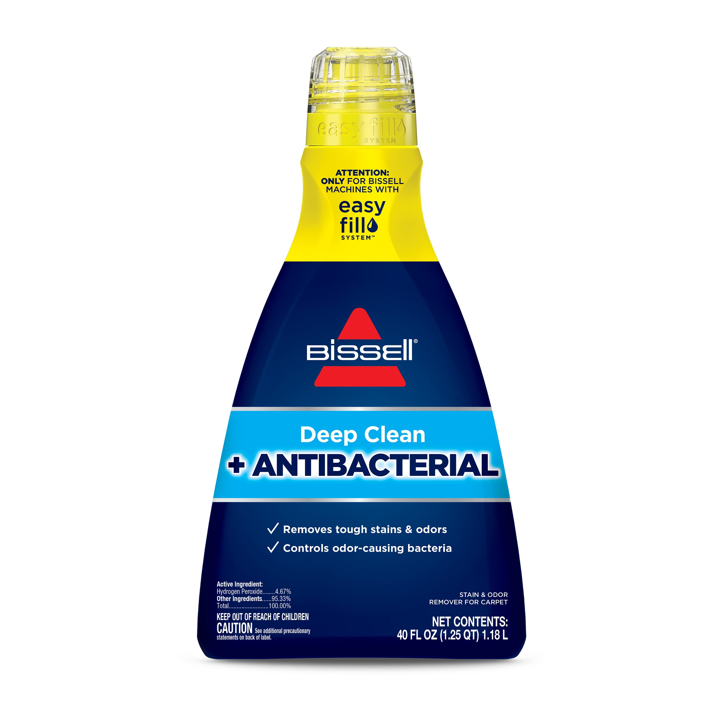 Bissell Deep Clean antibacterial formula bottle being poured for carpet stain treatment