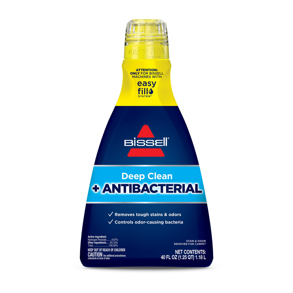 Bissell Deep Clean antibacterial formula bottle being poured for carpet stain treatment