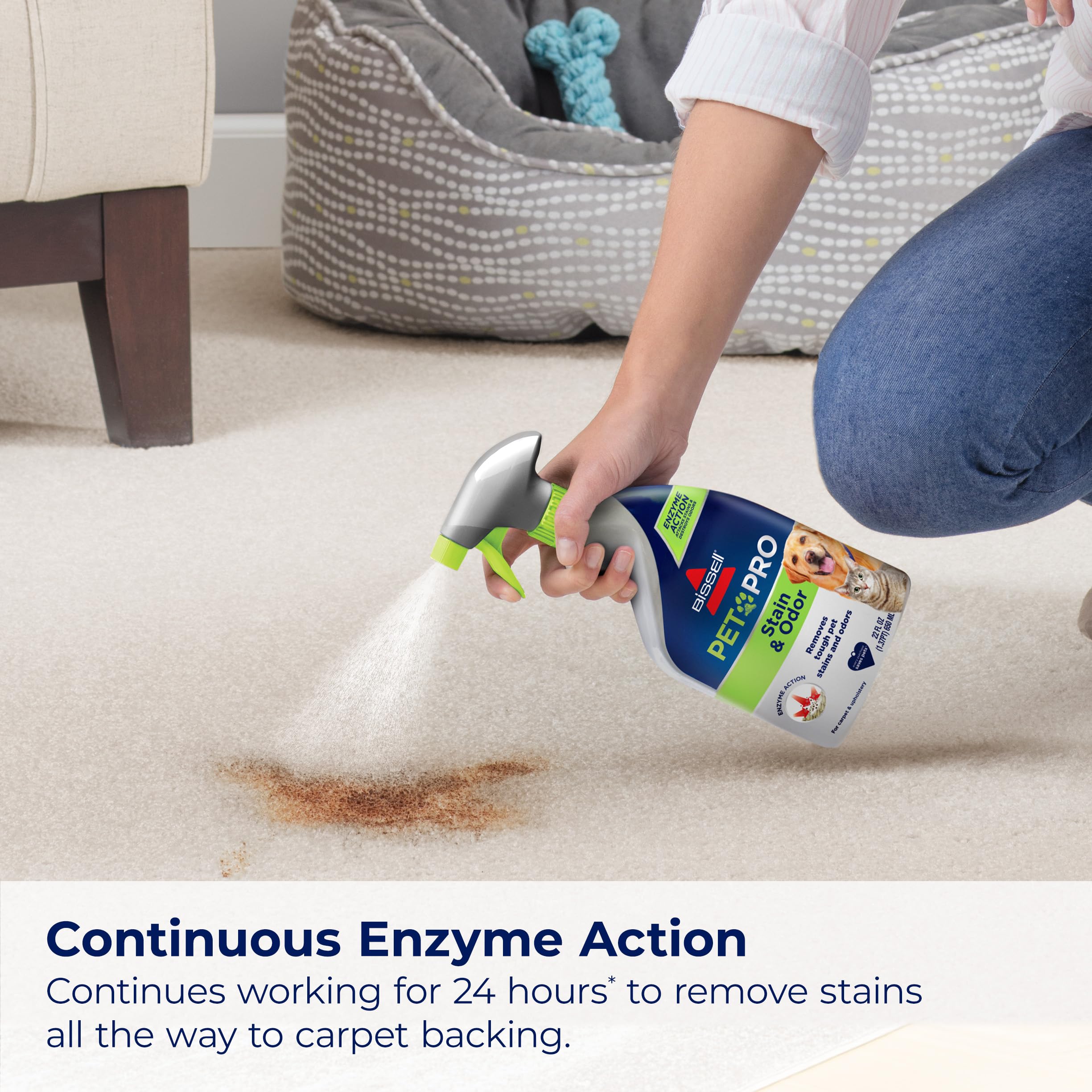 Bissell Pet Pro 2-pack application on fabrics shows stain removal in action