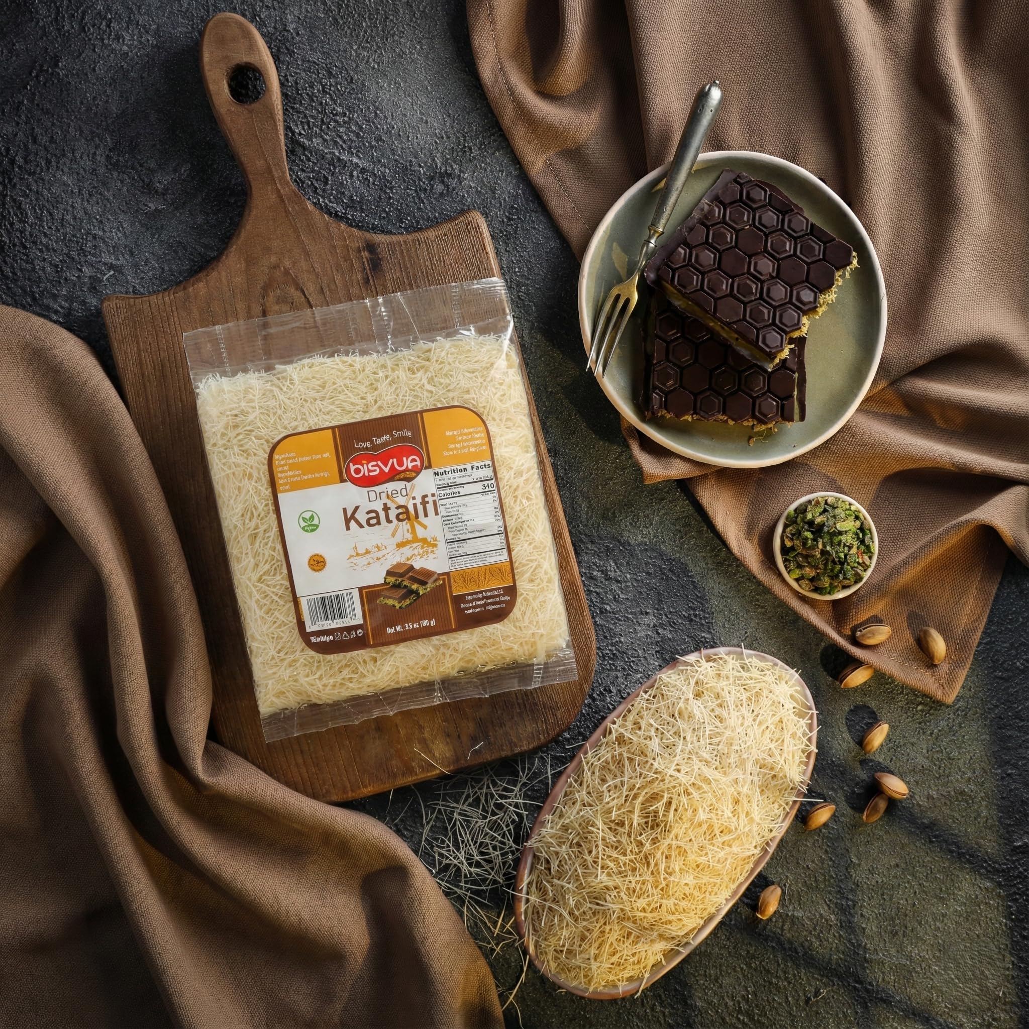Bisvua kataifi drizzled with syrup for dessert glaze.