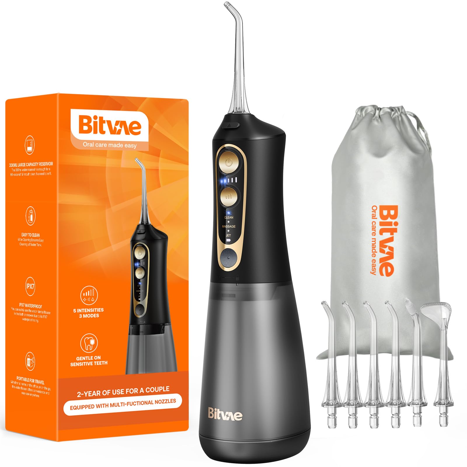 Bitvae C6 water flosser front angle showing sleek, compact design for daily use