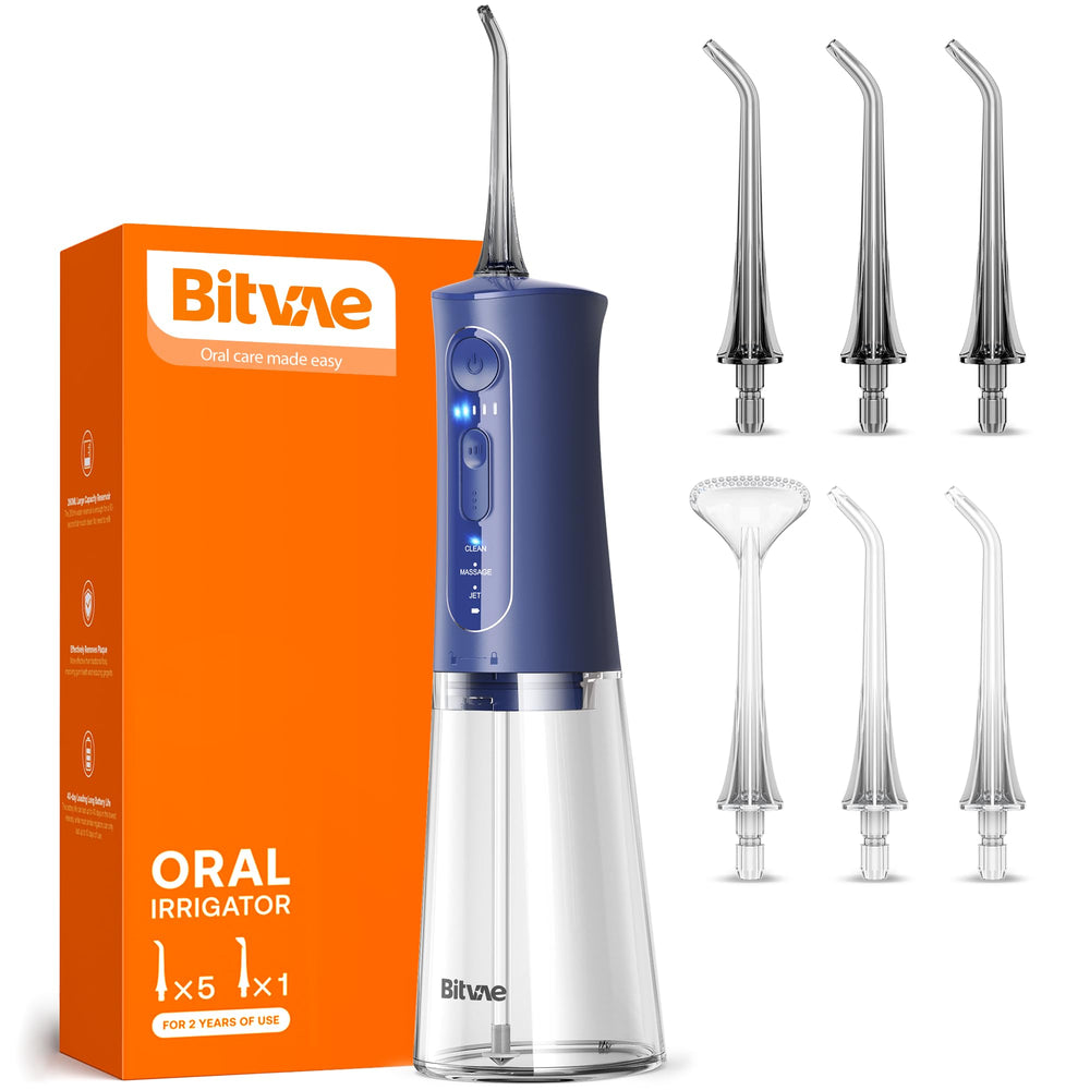 Bitvae cordless water flosser midnight blue close-up for precise gum-line cleaning.