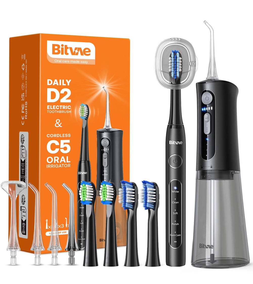 Bitvae water flosser and toothbrush front view, compact kit for efficient daily cleaning.