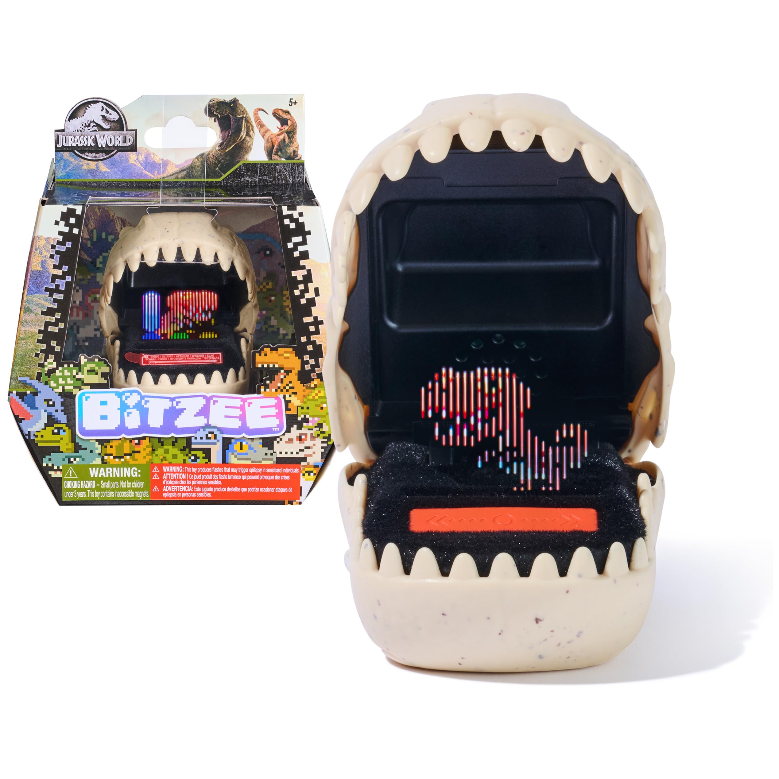 BITZEE Jurassic World pod demonstrates touch-responsive dino sounds for interactive play.