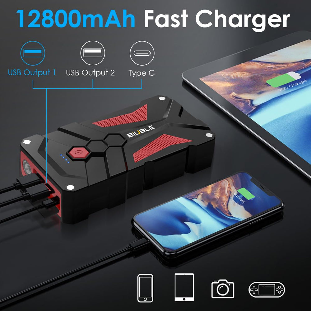 BIUBLE Jump Starter USB outputs charging a phone quickly