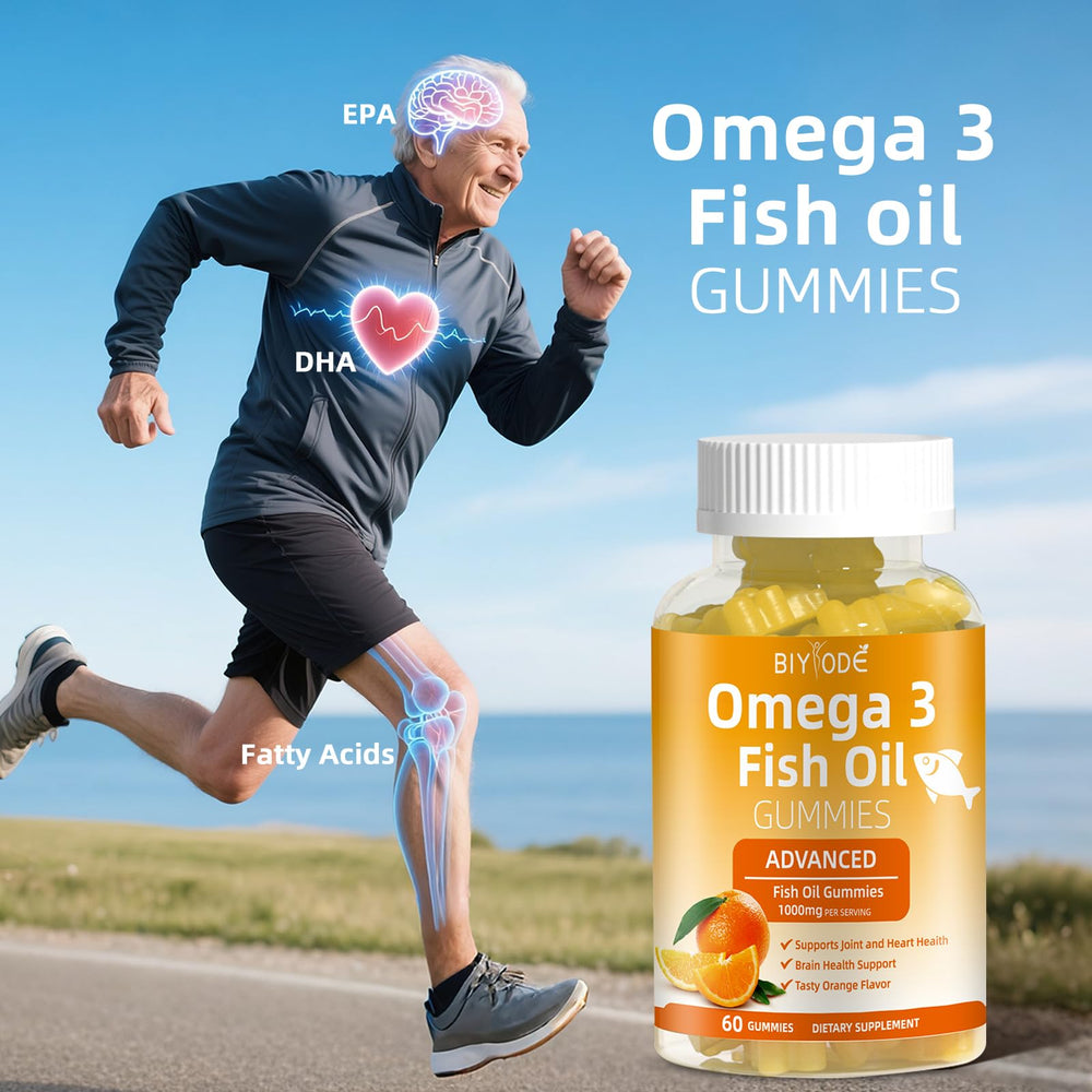 BIYODE Omega-3 gummies eye health visual highlighting DHA benefits.