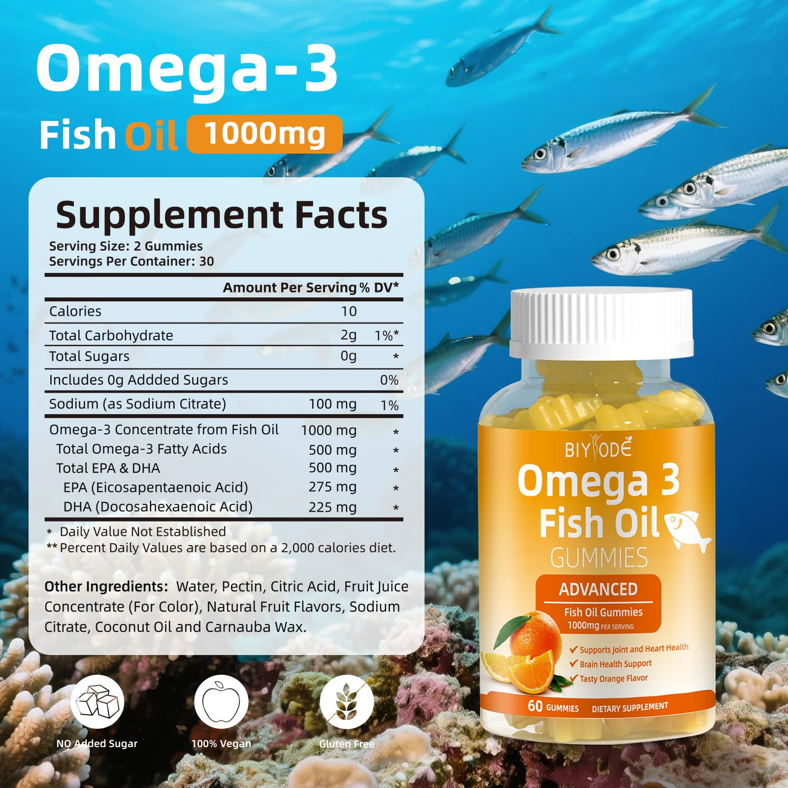 BIYODE Omega-3 gummies serving size showing gummies with joint comfort in mind.