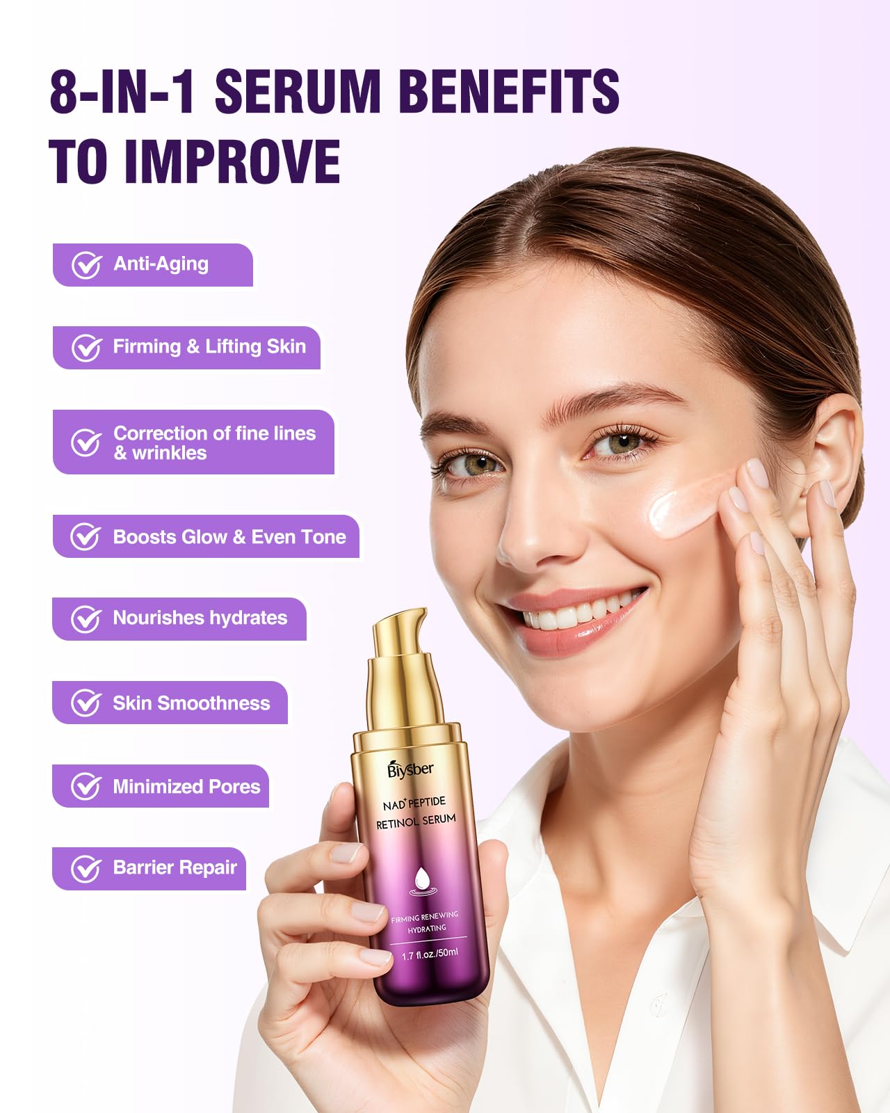 Hydration emphasis with BIYSBER NAD+ serum delivering soft, supple skin