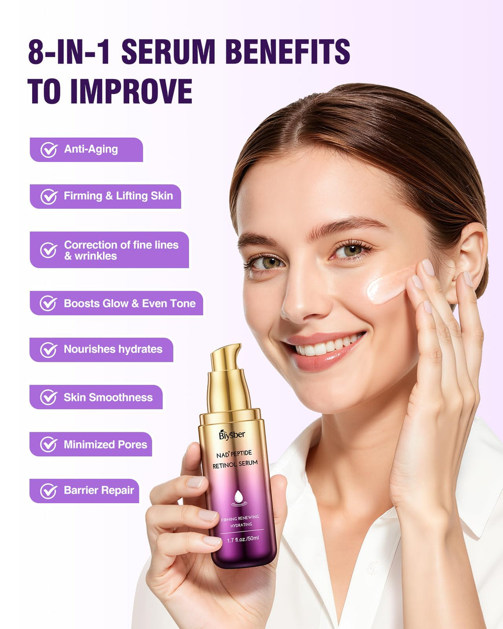 Hydration emphasis with BIYSBER NAD+ serum delivering soft, supple skin