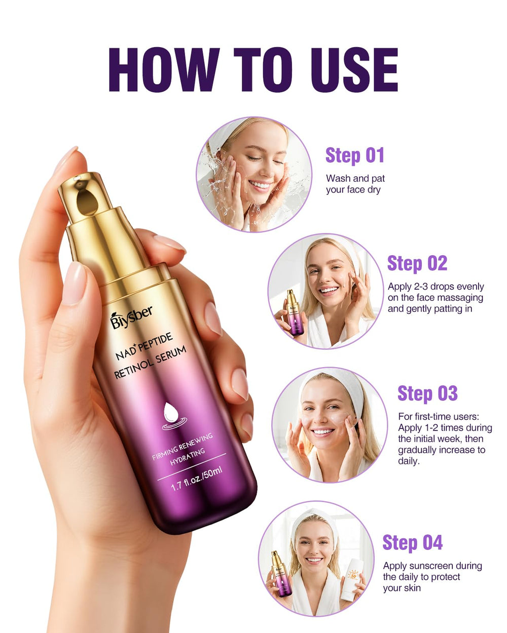 Ingredients panel of BIYSBER NAD+ serum featuring peptides and stabilized retinol