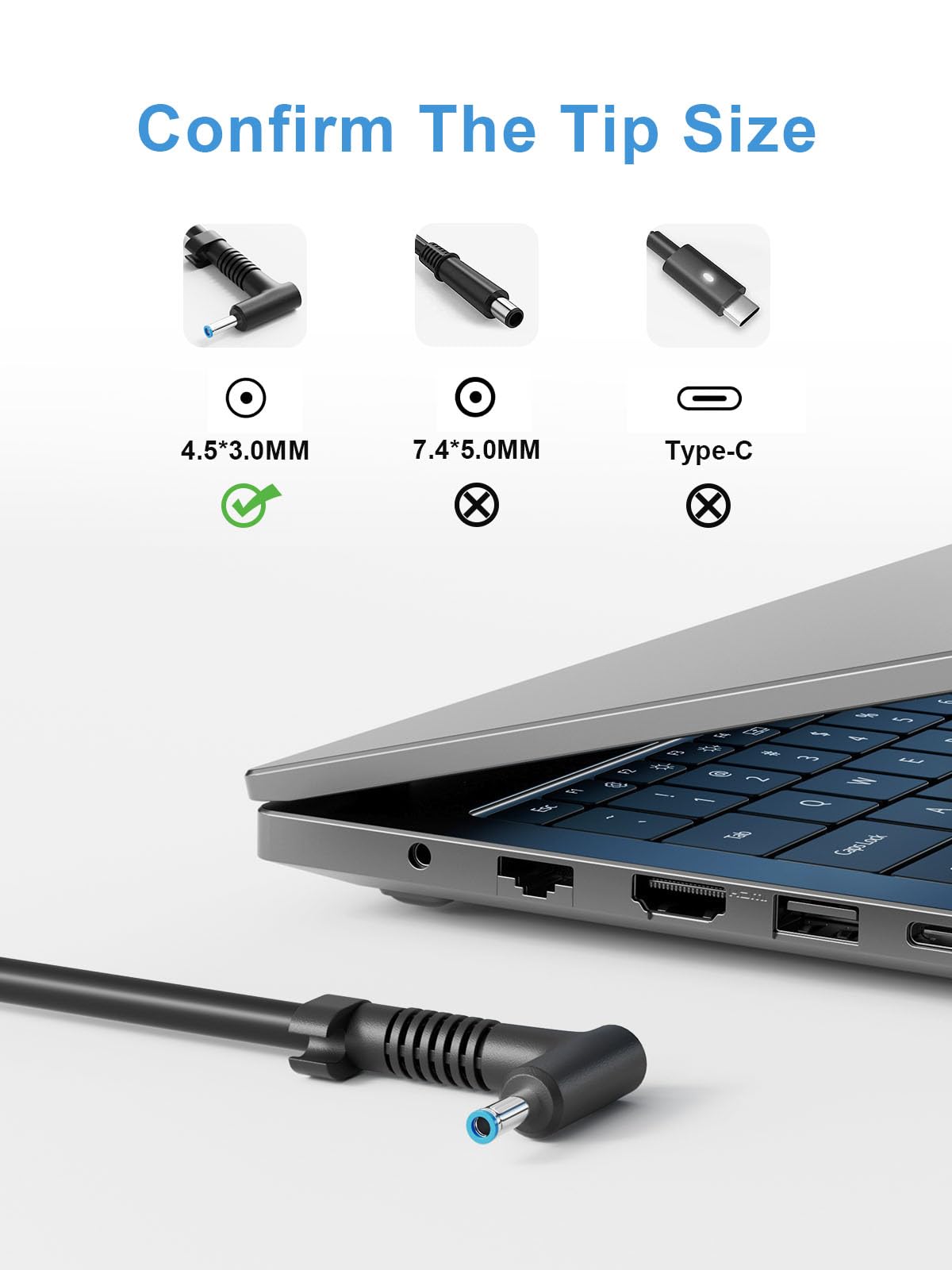 BIYTC 200W blue tip connector detail, compatible with HP gaming laptops.