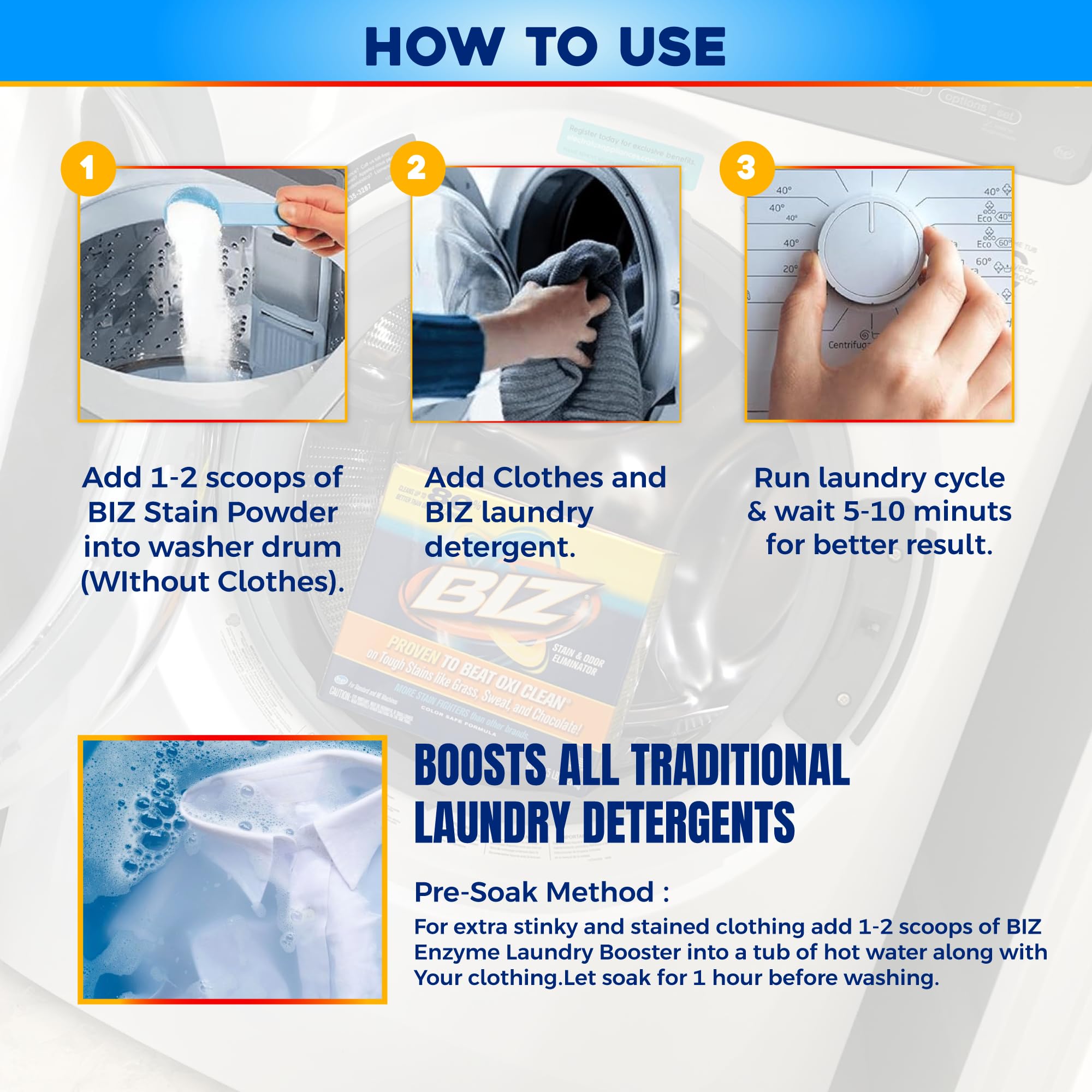 All-washers compatible and versatile use with Biz detergent powder