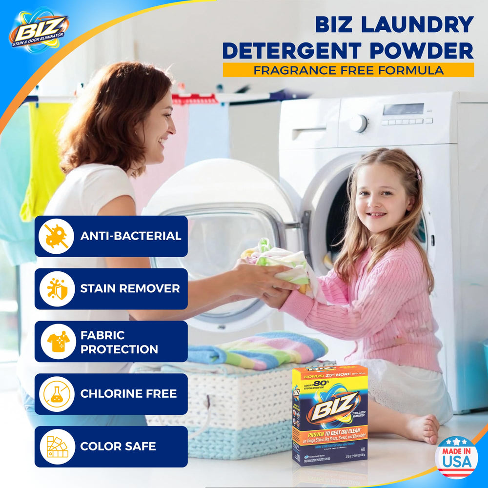 Pouring Biz Laundry Detergent Powder into a washer for easy dosing