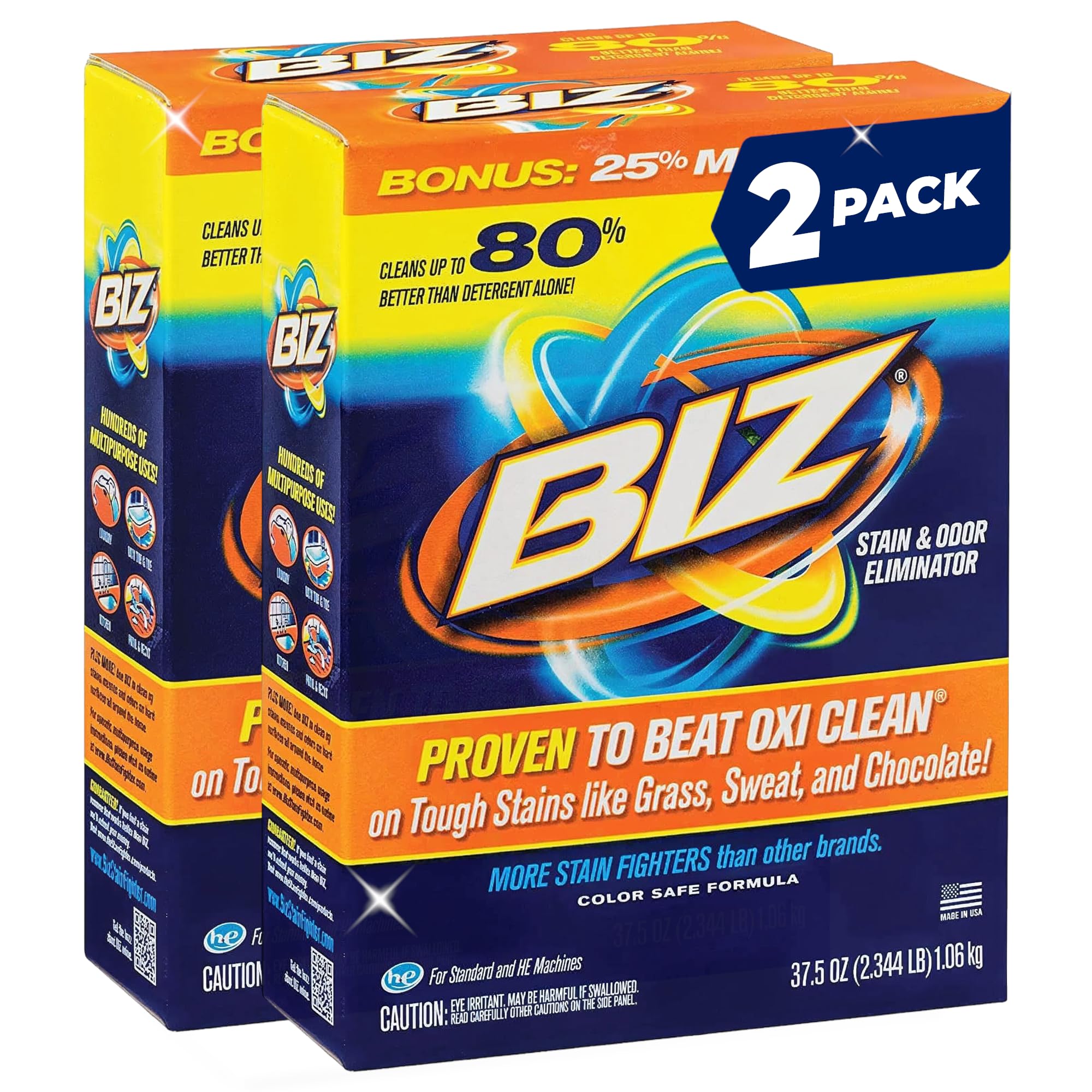 Biz Laundry Detergent Powder two-pack on shelf, highlighting bulk value and freshness