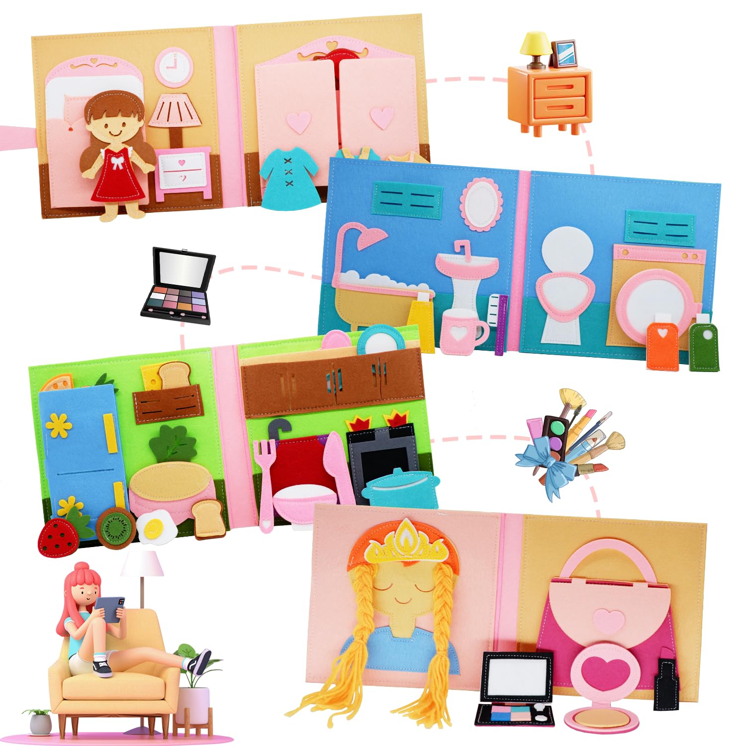 BizyKoady 3D felt activity page showing pretend house play and fine motor tasks.