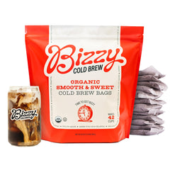 Bizzy Organic Cold Brew grounds in brew bags for easy, mess-free cold brew