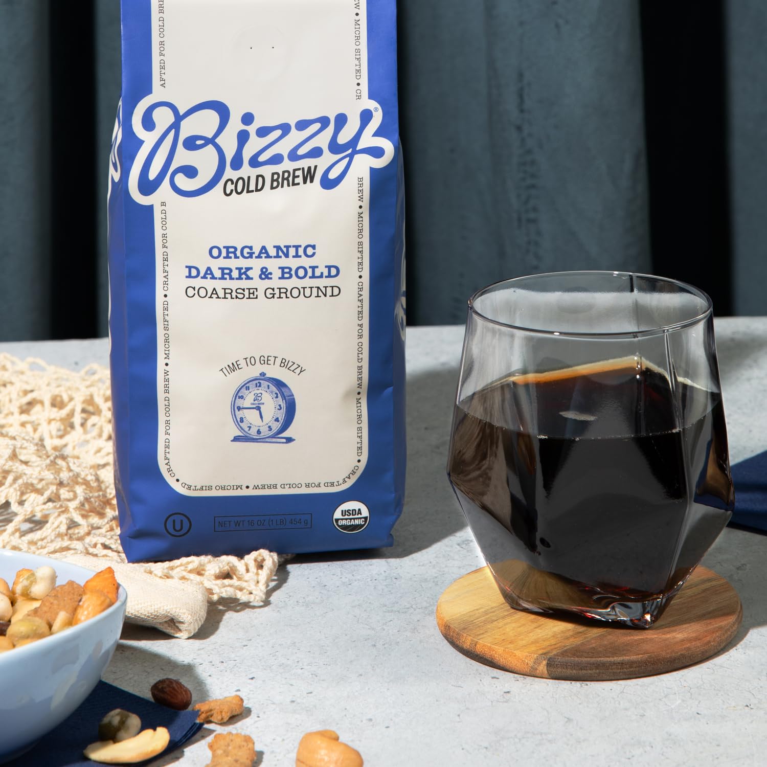 Bizzy Organic Cold Brew dark roast with molasses and cocoa notes