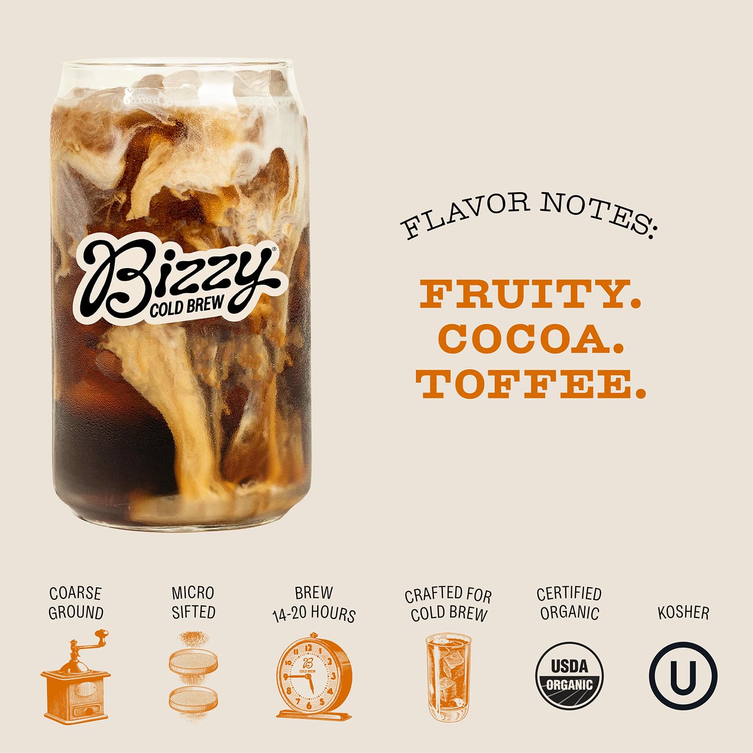 Glass of Bizzy Organic Cold Brew being poured shows rich color and balance.