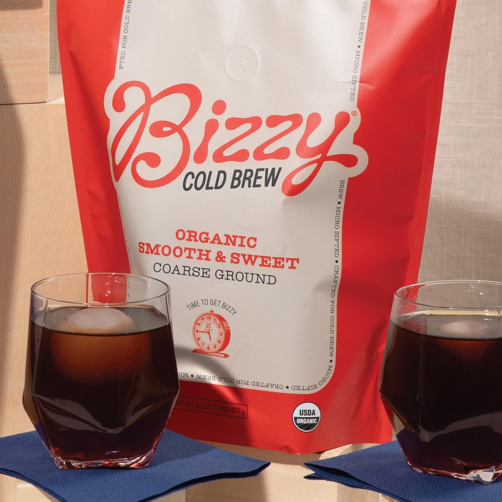 Bizzy Organic Cold Brew micro-sifted grounds deliver clean flavor with reduced sediment.
