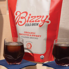 Bizzy Organic Cold Brew micro-sifted grounds deliver clean flavor with reduced sediment.