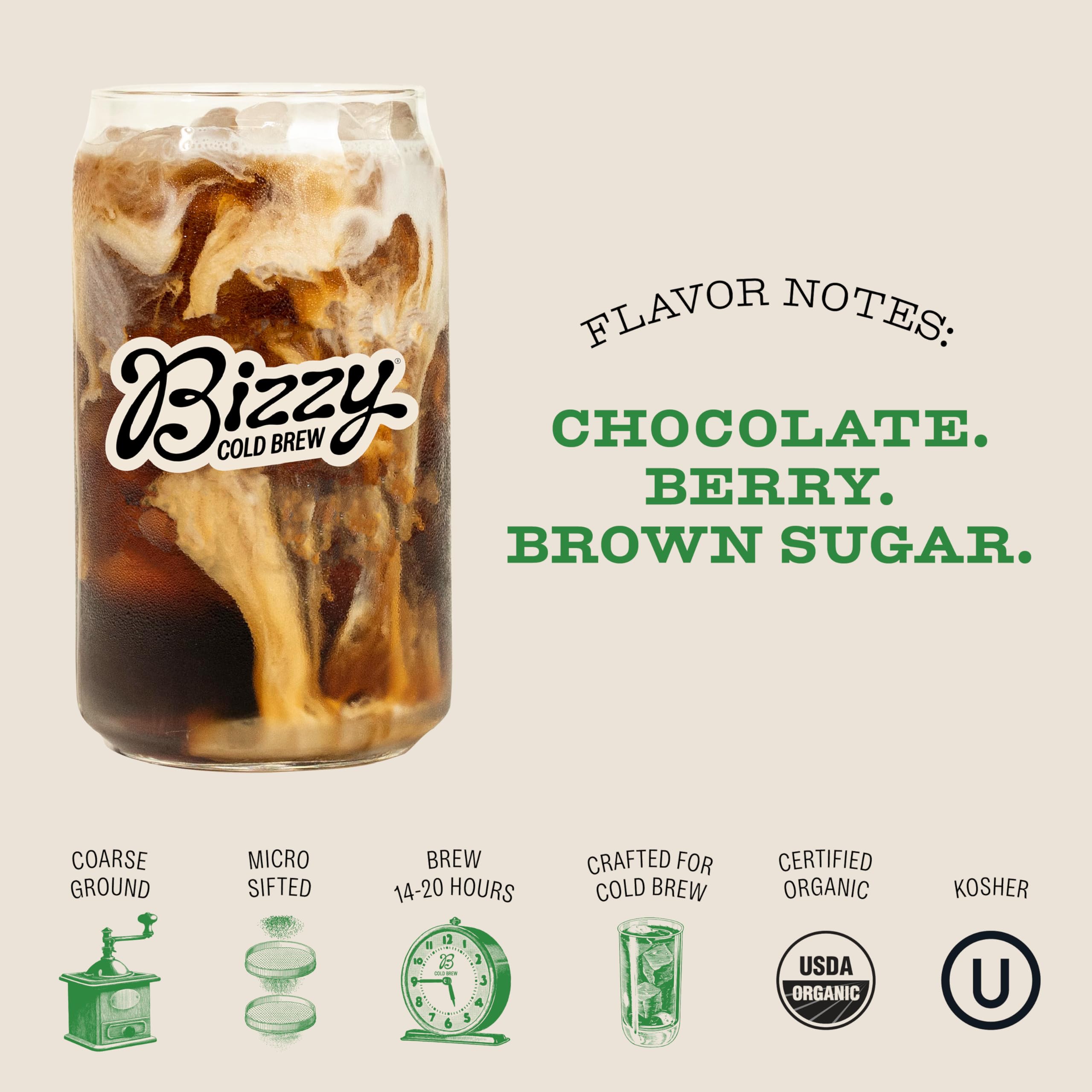 Bizzy packaging shows USDA Organic and Kosher certification seals.