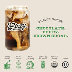 Bizzy packaging shows USDA Organic and Kosher certification seals.
