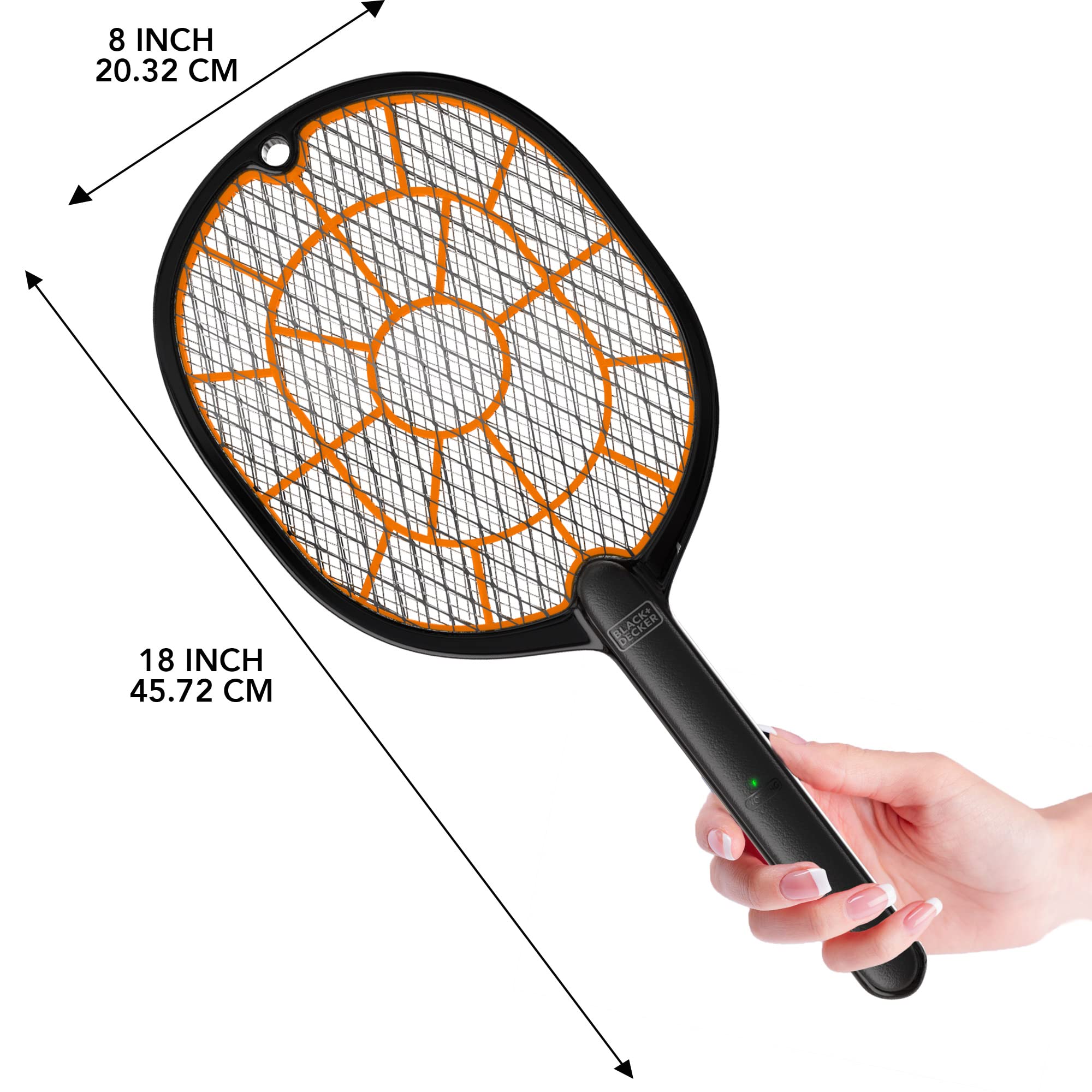 BLACK+DECKER bug zapper racket in action captures flying insects effectively.