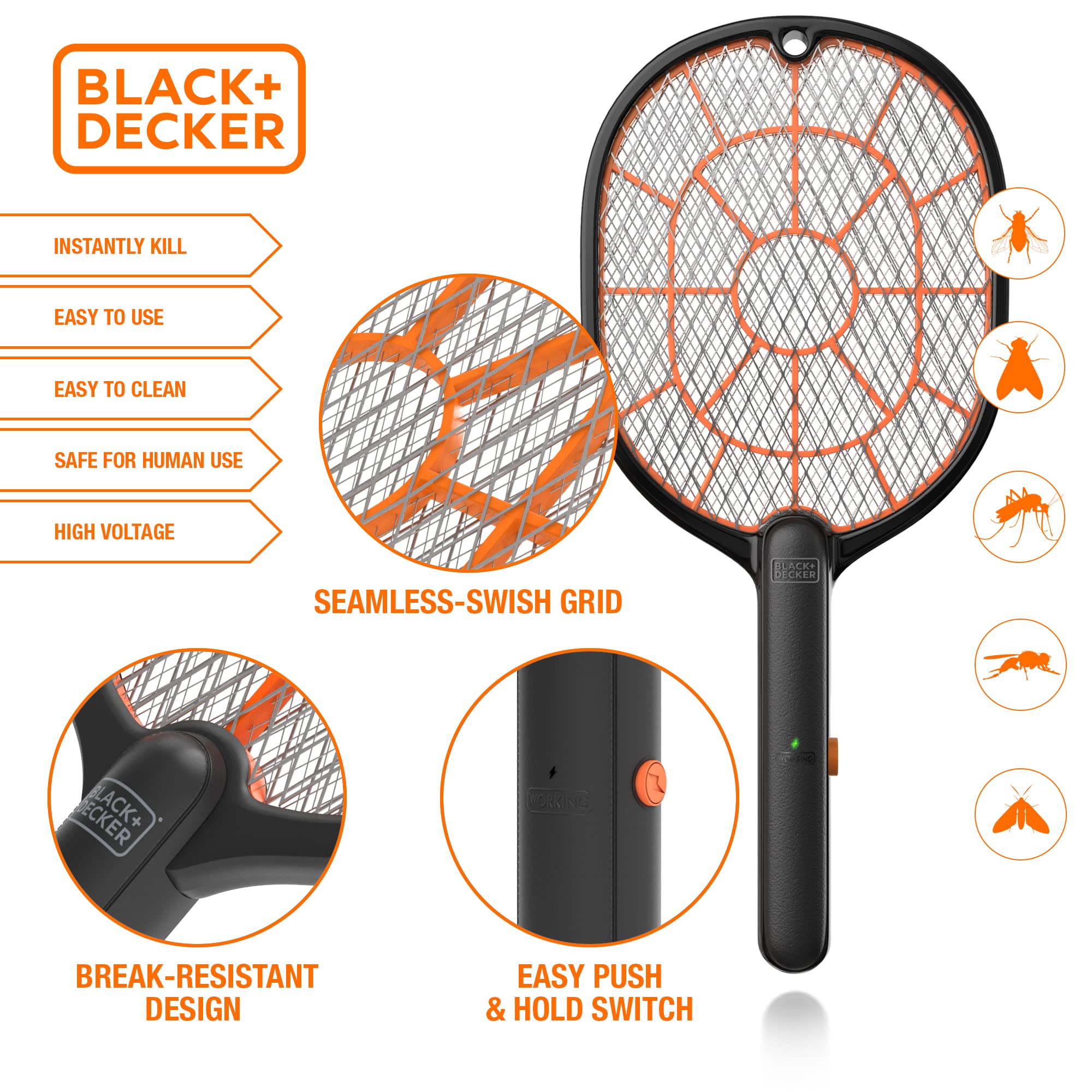 BLACK+DECKER bug zapper racket side view highlights ergonomic grip for comfortable use.