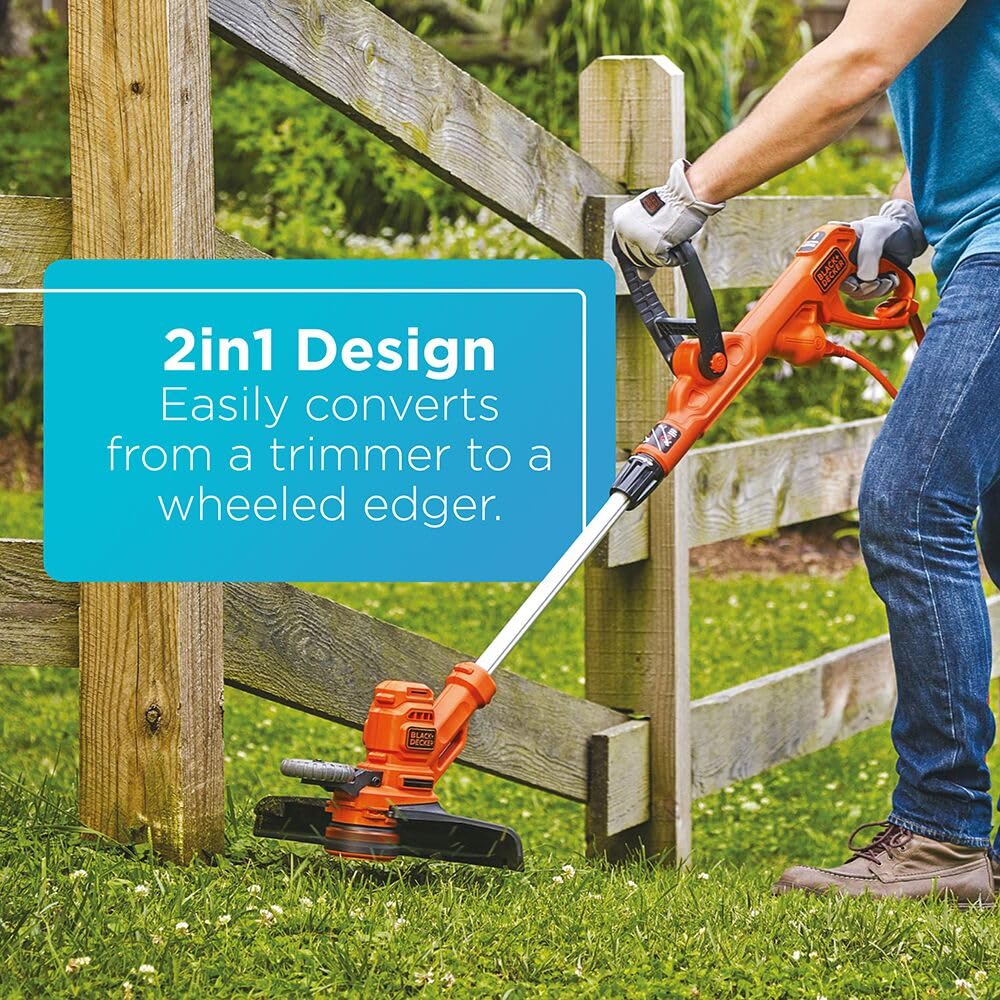 BLACK+DECKER 14-inch cut path ready for fast edging and trimming near beds.
