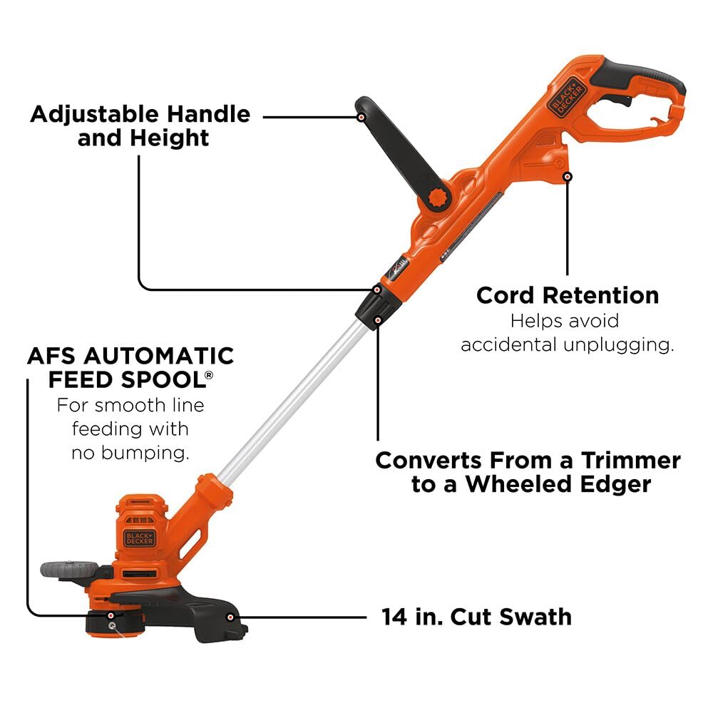 BLACK+DECKER 2-in-1 trimmer edger with wheeled guide along a sidewalk.