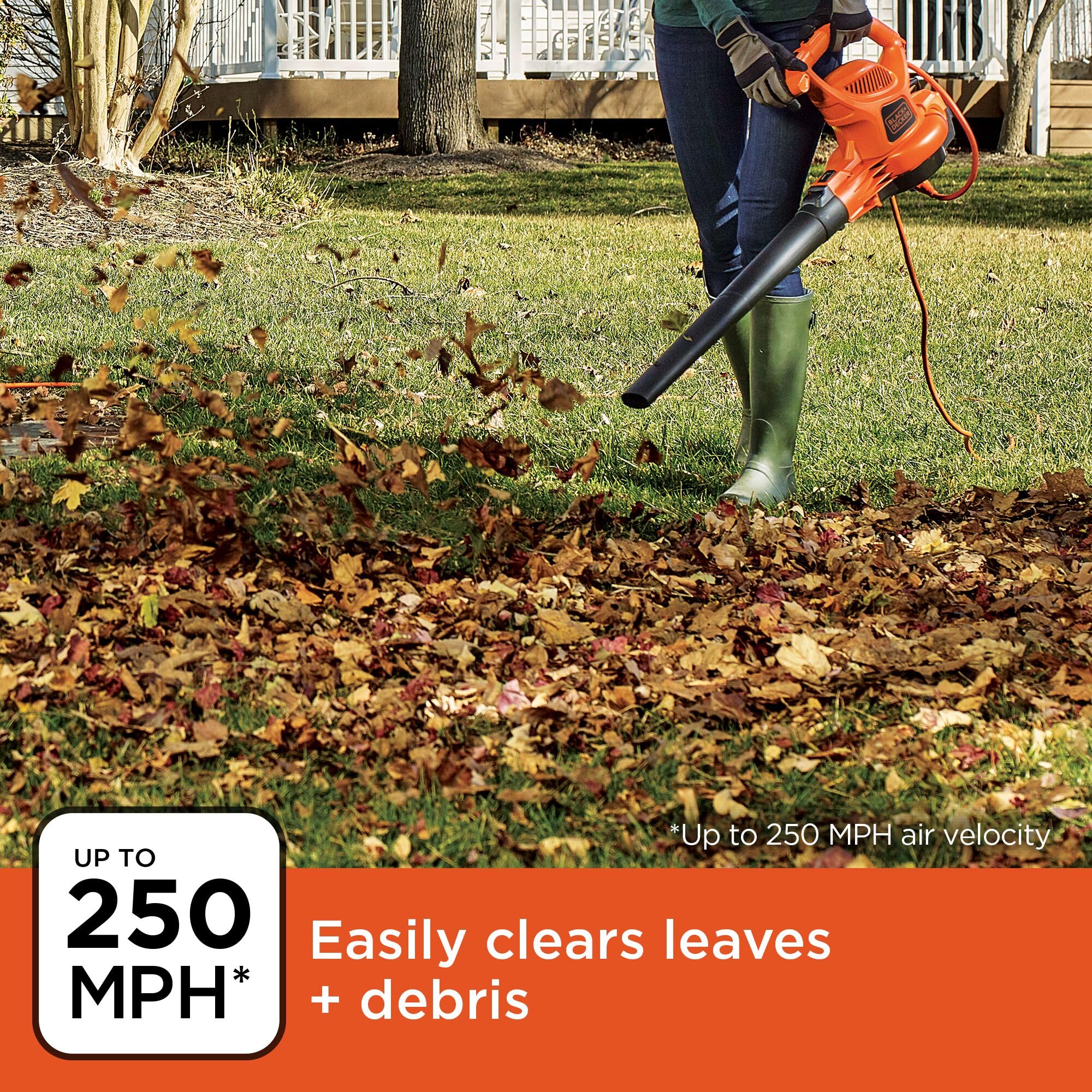 BLACK+DECKER BEBL7000 400 CFM suction supports yard cleanup tasks