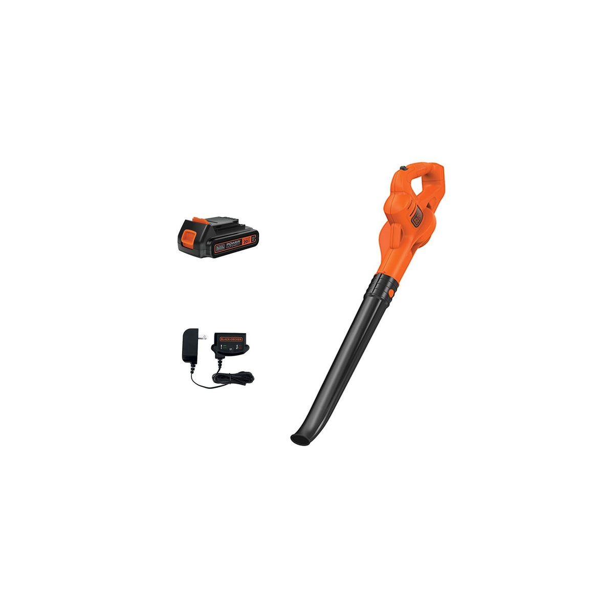 BLACK+DECKER cordless leaf blower with battery and charger ready for quick yard cleanup.