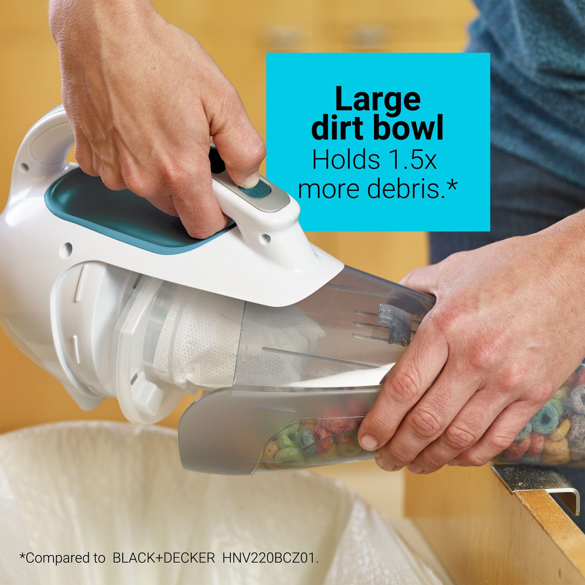 BLACK+DECKER Dustbuster easy-off washable bowl simplifies cleaning sessions.