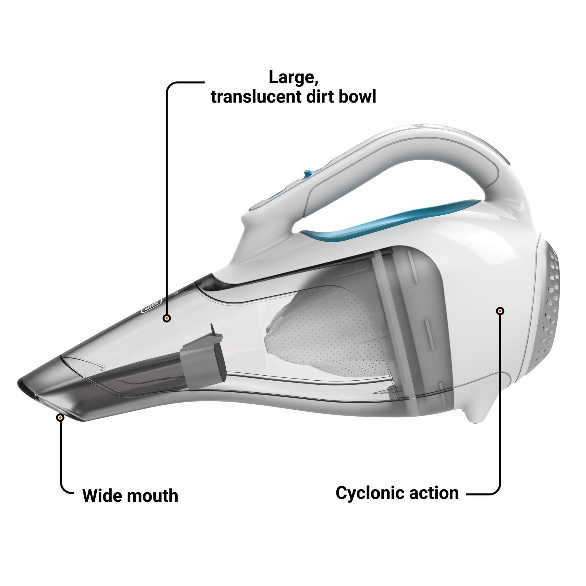 BLACK+DECKER Dustbuster translucent dirt bowl shows when to empty.