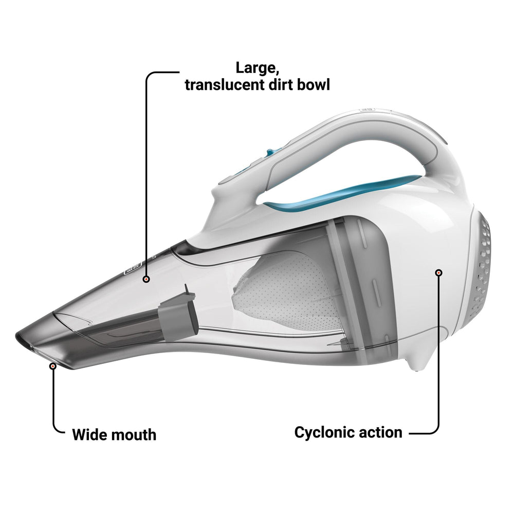 BLACK+DECKER Dustbuster translucent dirt bowl shows when to empty.