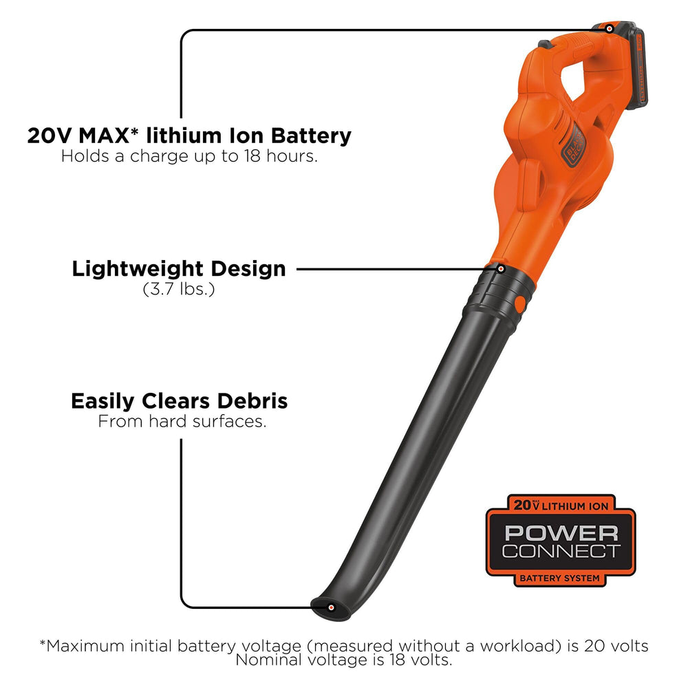 BLACK+DECKER blower delivering 130 mph for efficient debris clearance.