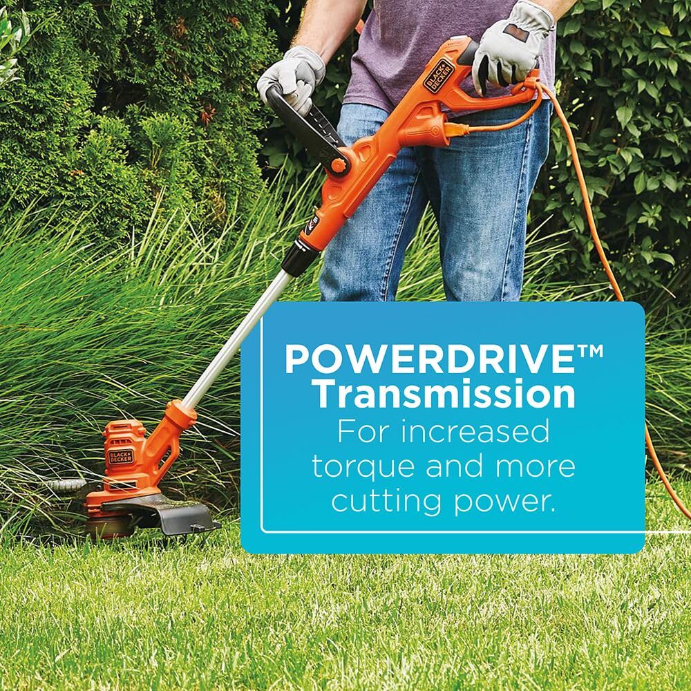 BLACK+DECKER PowerDrive transmission boosts performance on tough weeds.