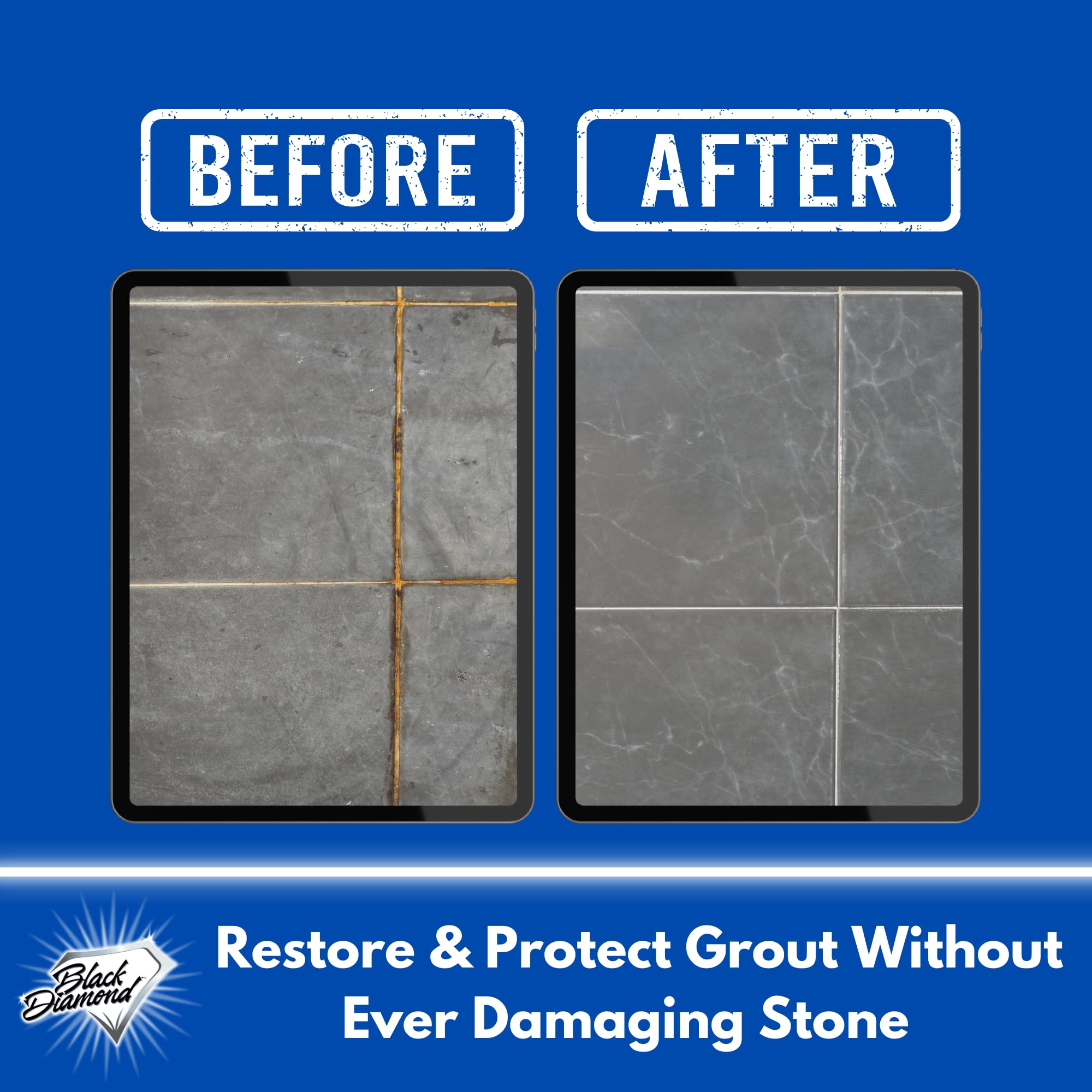 Black Diamond Stoneworks label close-up highlighting acid-free formula for grout.