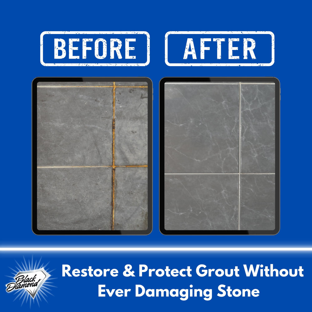 Black Diamond Stoneworks label close-up highlighting acid-free formula for grout.