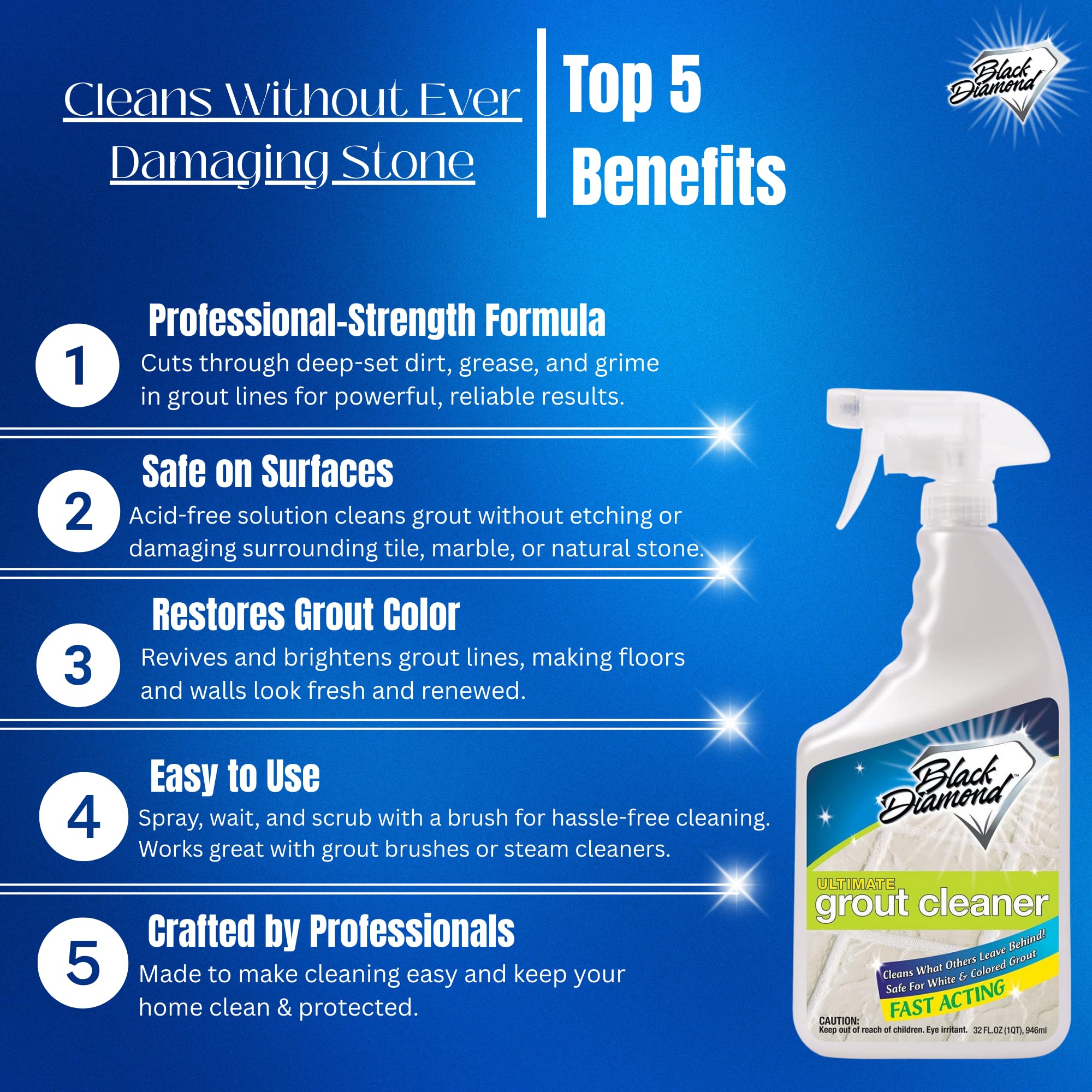 Black Diamond Stoneworks Ultimate Grout Cleaner spray-on action for quick, deep grout cleaning.
