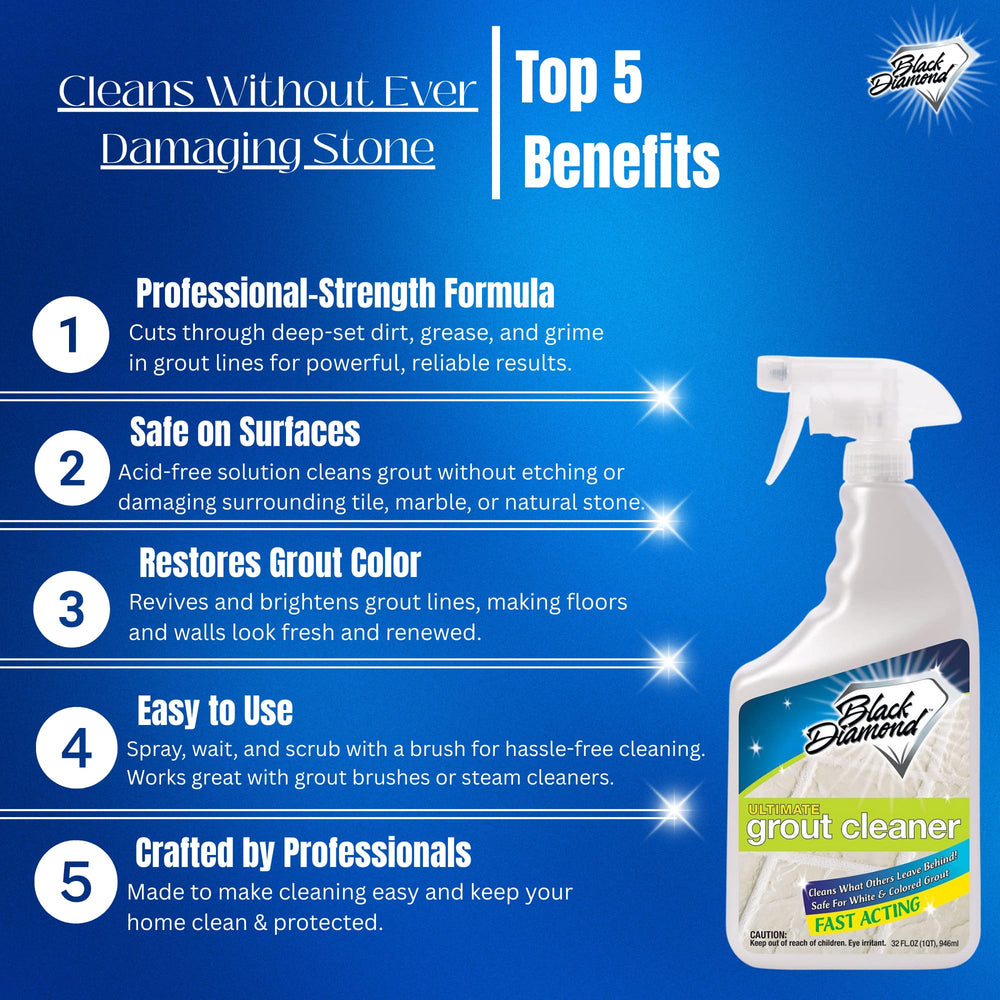 Black Diamond Stoneworks Ultimate Grout Cleaner spray-on action for quick, deep grout cleaning.