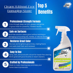 Black Diamond Stoneworks Ultimate Grout Cleaner spray-on action for quick, deep grout cleaning.