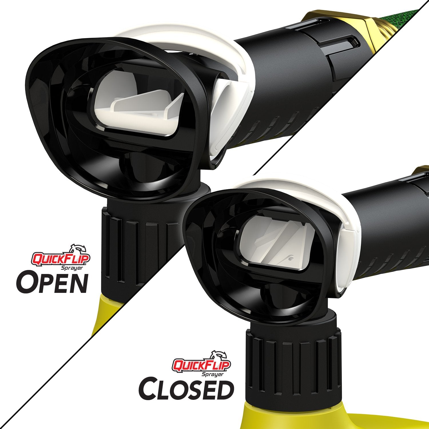 Black Flag hose-end sprayer connected to garden hose for convenient use.