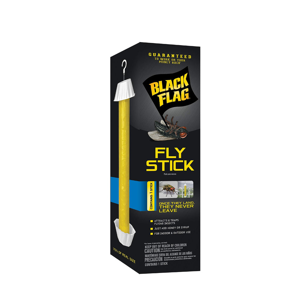 Black Flag Fly Stick hanging setup shown for central indoor or outdoor placement.