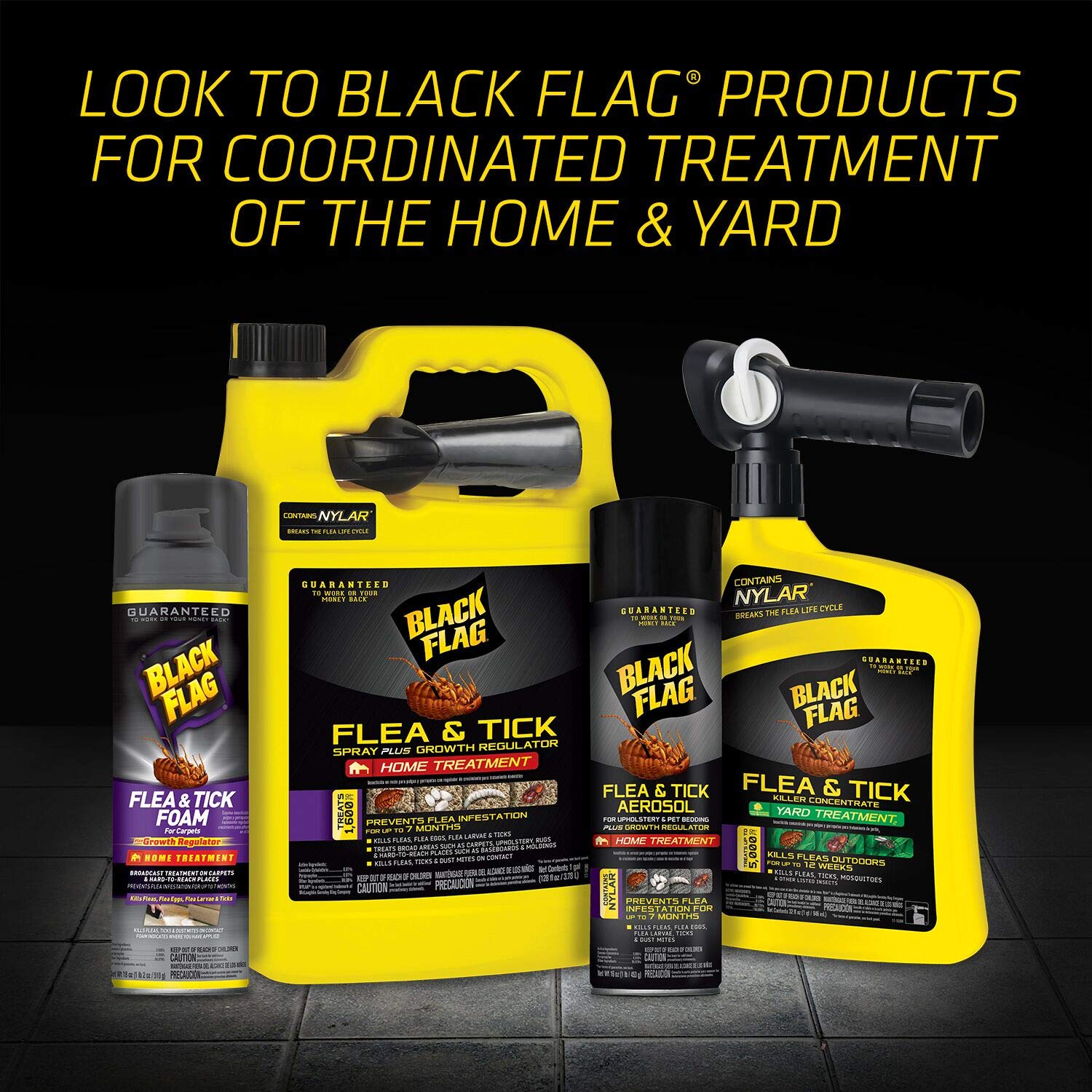 Black Flag ready-to-spray yard treatment in a garden setting.