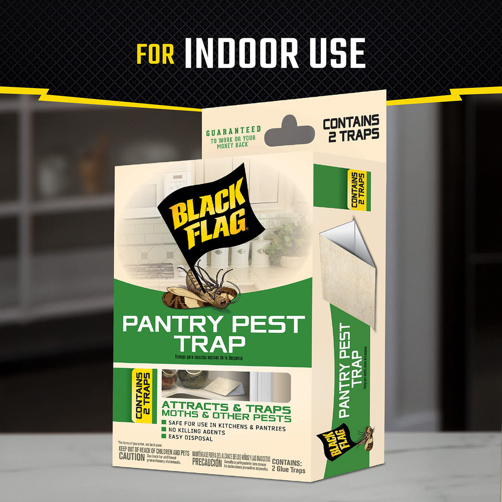 Black Flag pantry pest trap in a kitchen cabinet protecting dry foods.