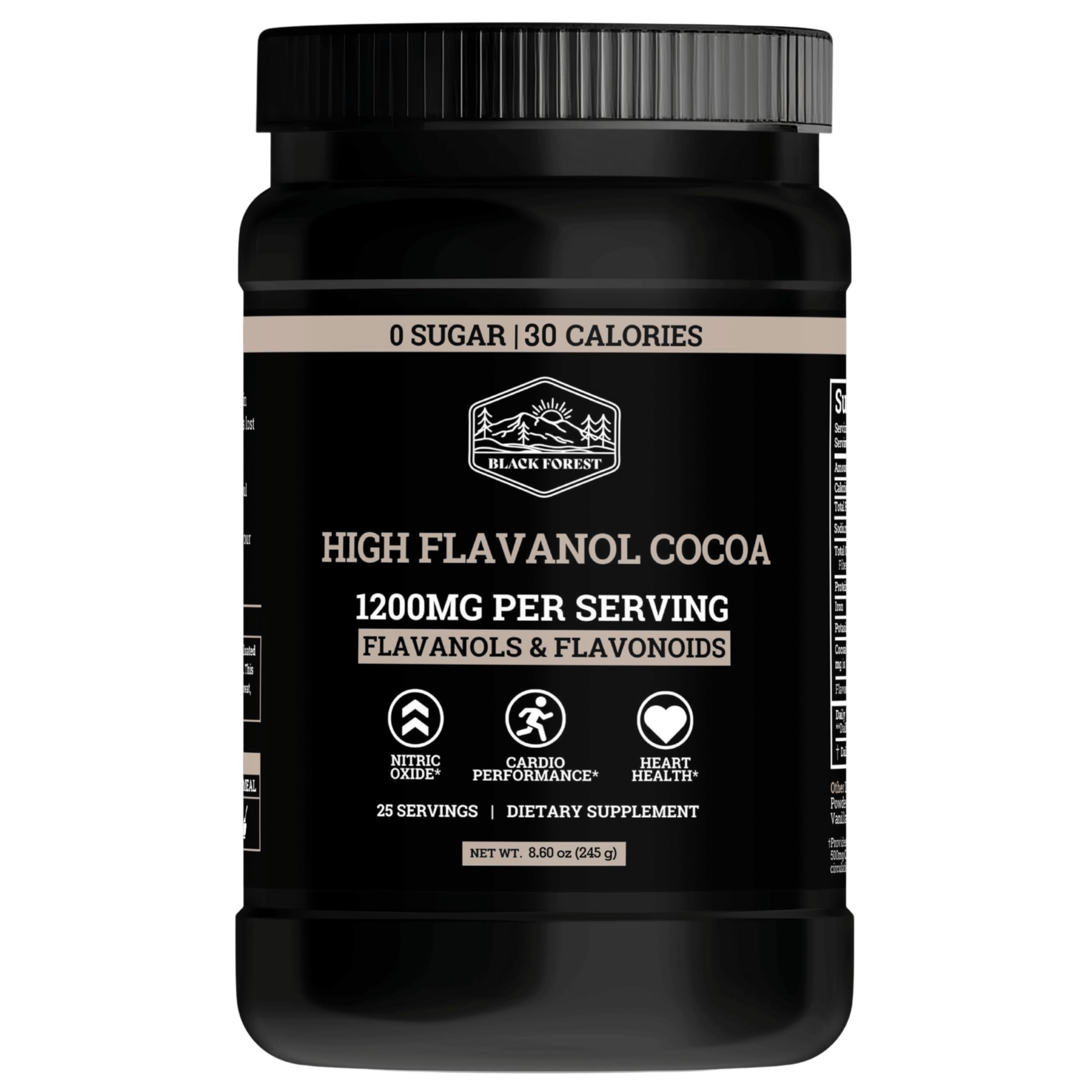 Black Forest Cocoa Powder bottle shows premium flavanol blend for potential heart support.