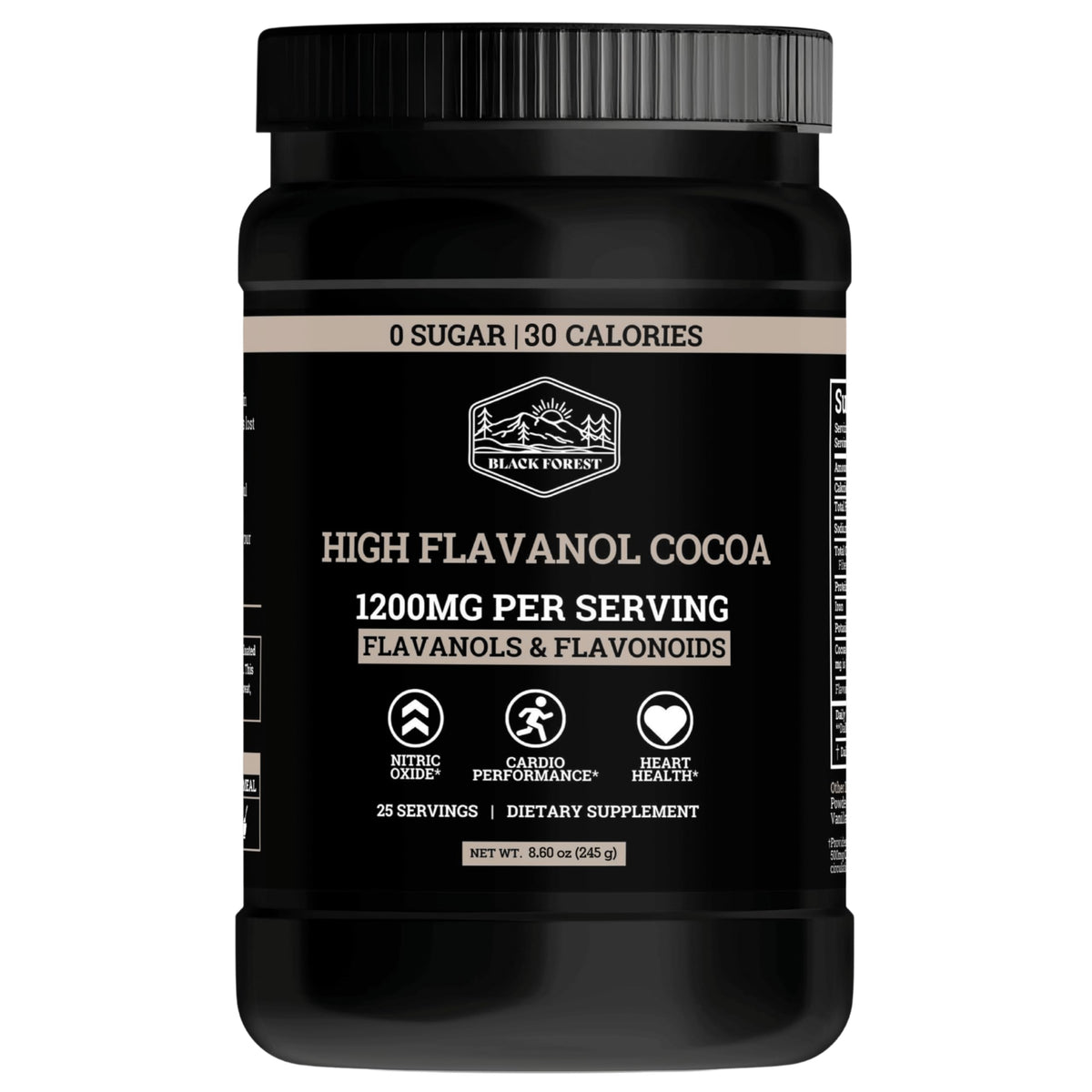 Black Forest Cocoa Powder bottle shows premium flavanol blend for potential heart support.
